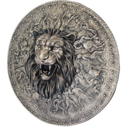 Парадний та церемоніальний щит рондаш з зображенням лева та батальних сцен. Музейна посріблена репліка