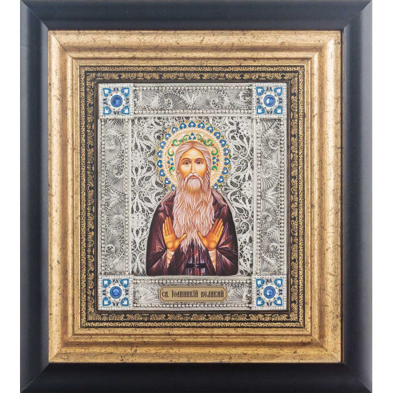 Ікона святого преподобного Іоаникія Великого (мідь, сріблення, позолота, емалі, каміння)