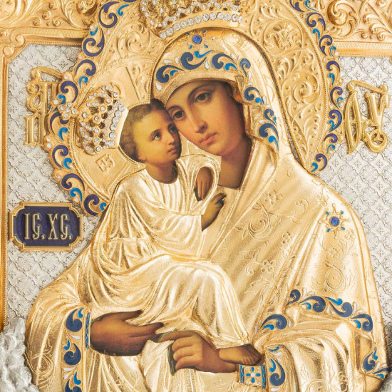 Почаївська ікона Божої Матері (метал, сріблення, позолота, каміння, емалі)