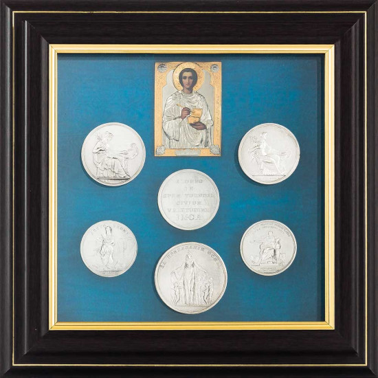 Ікона святого великомученика Пантелеймона з репліками рідкісних медалей (мідь, сріблення, позолота)