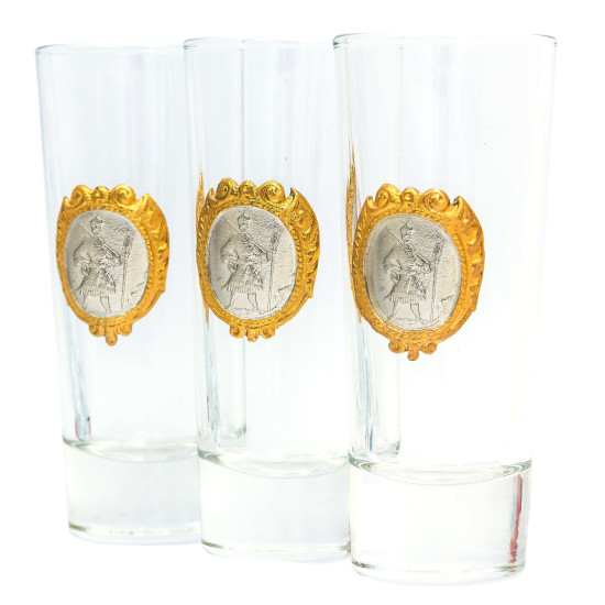 Подарунковий набір склянок коллінз з графином "Козак Мамай" RCR Cristalleria Italiana з посрібленими та позолоченими металевими наклпдками