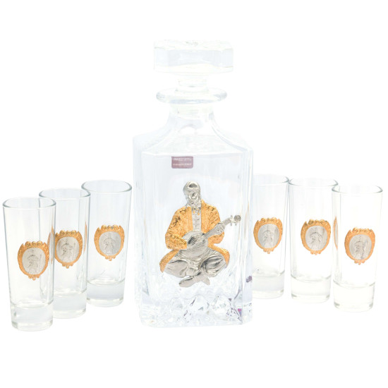 Подарунковий набір склянок коллінз з графином "Козак Мамай" RCR Cristalleria Italiana з посрібленими та позолоченими металевими наклпдками