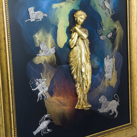 Авторське панно "Золота Фортуна" з ювелірними посрібленими знаками Зодіаку з камінням Сваровські. (Номінант Luxembourg Art Prize 2024)