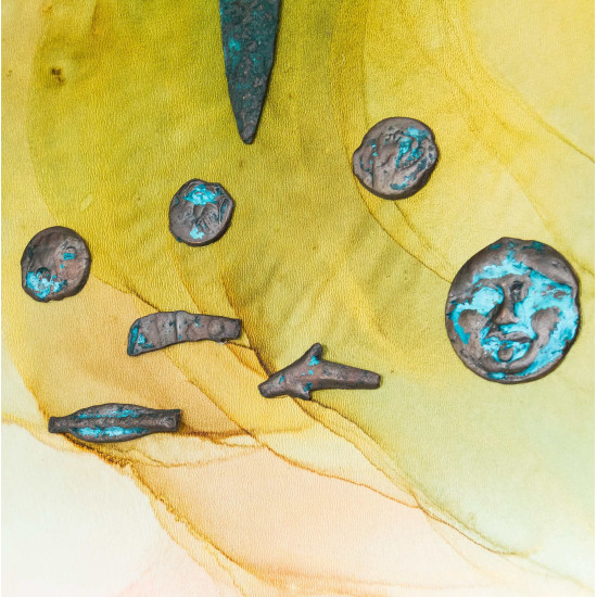 Авторське панно "Легендарне царство Скіфія" з мідною скіфською бабою та репліками акінака та скіфських монет