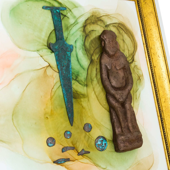 Авторське панно "Легендарне царство Скіфія" з мідною скіфською бабою та репліками акінака та скіфських монет