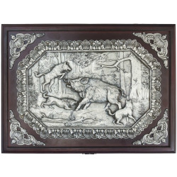 Подарункове видання "Енциклопедія полювання" з металевим посрібленим декором та картиною на металі у дерев'яній скрині-футлярі