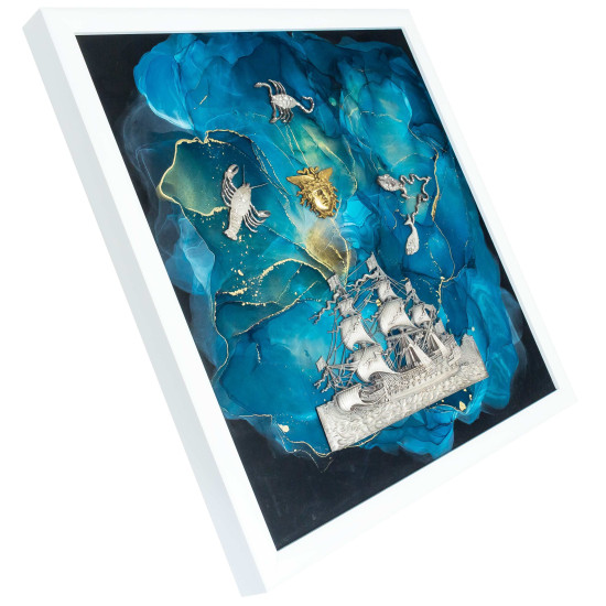 Авторське панно. Картина - оберіг "Вітрильник удачі" (Водяні посріблені знаки зодіаку з інкрустацією Сваровські). (Номінант Luxembourg Art Prize 2024)