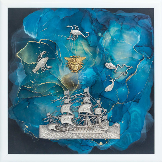 Авторське панно. Картина - оберіг "Вітрильник удачі" (Водяні посріблені знаки зодіаку з інкрустацією Сваровські). (Номінант Luxembourg Art Prize 2024)