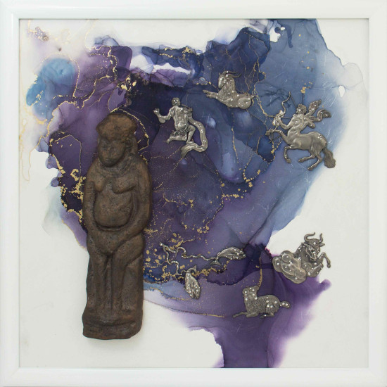 Авторське панно "Ранок Світу" з ювелірними знаками зодіаку (метал, сріблення, каміння Сваровські), мідною скіфською бабою та спиртовим живописом