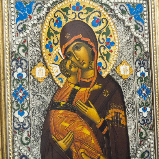 Вінчальна пара Спаситель і  Володимирська ікона Божої Матері (мідь, сріблення, позолота, емалі)