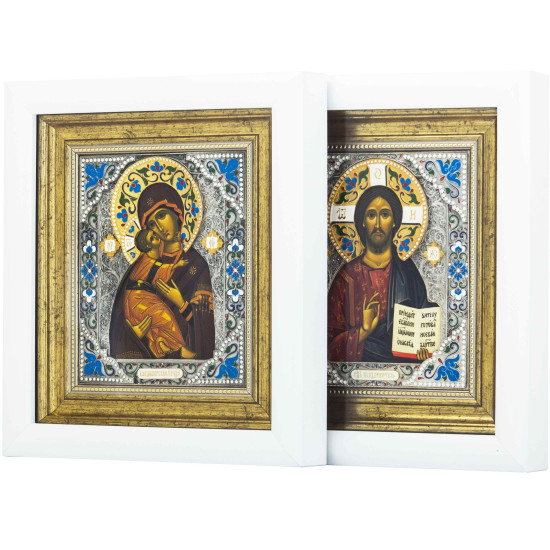 Вінчальна пара Спаситель і  Володимирська ікона Божої Матері (мідь, сріблення, позолота, емалі)