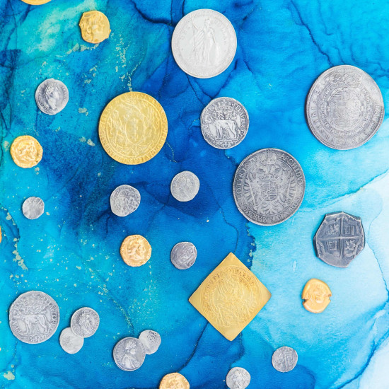 Авторське панно. Картина-талісман "На багатство та достаток" з копіями рідкісних монет (сріблення, позолота). (Номінант Luxembourg Art Prize 2024)