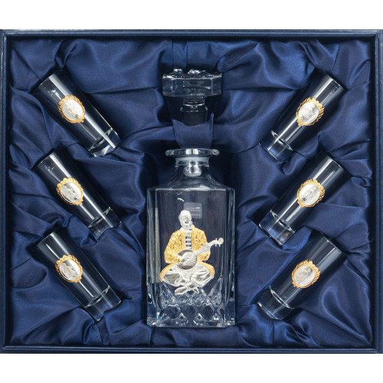 Подарунковий набір склянок коллінз з графином "Козак Мамай" RCR Cristalleria Italiana з посрібленими та позолоченими металевими наклпдками