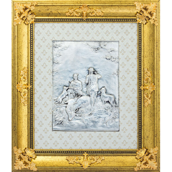 Металеве посріблене панно "Мисливці на відпочинку"