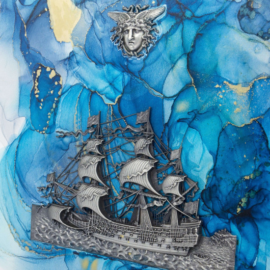 Картина-оберіг "Вітрильник "Надія" з посрібленим металевим кораблем та з ювелірними посрібленими сузір'ями Рака, Скорпіона, Риб і Медузи Горгони з інкрустацією Сваровські. (Номінант Luxembourg Art Prize 2024)