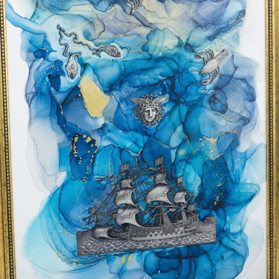 Картина-оберіг "Вітрильник "Надія" з посрібленим металевим кораблем та з ювелірними посрібленими сузір'ями Рака, Скорпіона, Риб і Медузи Горгони з інкрустацією Сваровські. (Номінант Luxembourg Art Prize 2024)