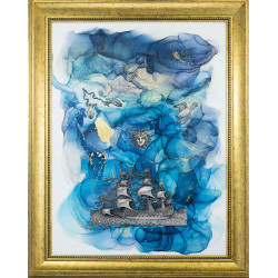 Картина-оберіг "Вітрильник "Надія" з посрібленим металевим кораблем та з ювелірними посрібленими сузір'ями Рака, Скорпіона, Риб і Медузи Горгони з інкрустацією Сваровські. (Номінант Luxembourg Art Prize 2024)