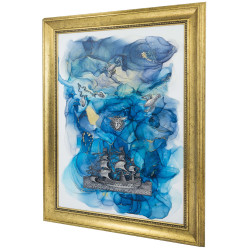 Картина-оберіг "Вітрильник "Надія" з посрібленим металевим кораблем та з ювелірними посрібленими сузір'ями Рака, Скорпіона, Риб і Медузи Горгони з інкрустацією Сваровські. (Номінант Luxembourg Art Prize 2024)