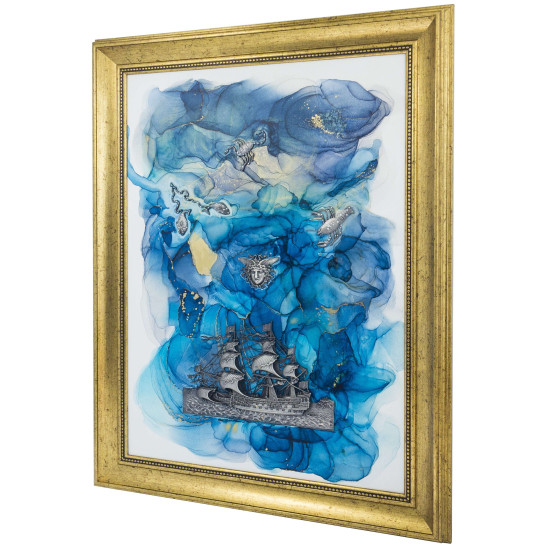 Картина-оберіг "Вітрильник "Надія" з посрібленим металевим кораблем та з ювелірними посрібленими сузір'ями Рака, Скорпіона, Риб і Медузи Горгони з інкрустацією Сваровські. (Номінант Luxembourg Art Prize 2024)