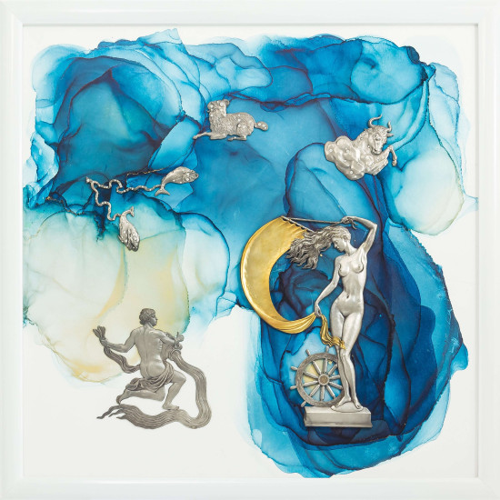 Авторське панно "Фортуна" з металевими посрібленими фігурами з інкрустацією Сваровські