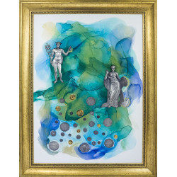 Авторське панно. Картина-талісман "На багатство та достаток" з копіями рідкісних монет (сріблення, позолота). (Номінант Luxembourg Art Prize 2024)