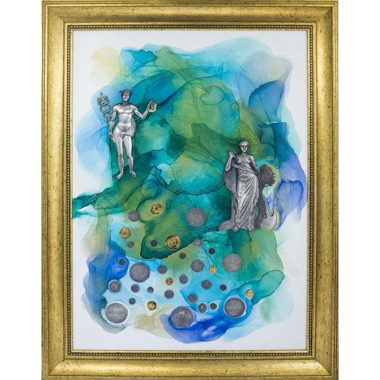 Авторське панно. Картина-талісман "На багатство та достаток" з копіями рідкісних монет (сріблення, позолота). (Номінант Luxembourg Art Prize 2024)