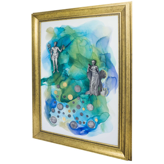Авторське панно. Картина-талісман "На багатство та достаток" з копіями рідкісних монет (сріблення, позолота). (Номінант Luxembourg Art Prize 2024)