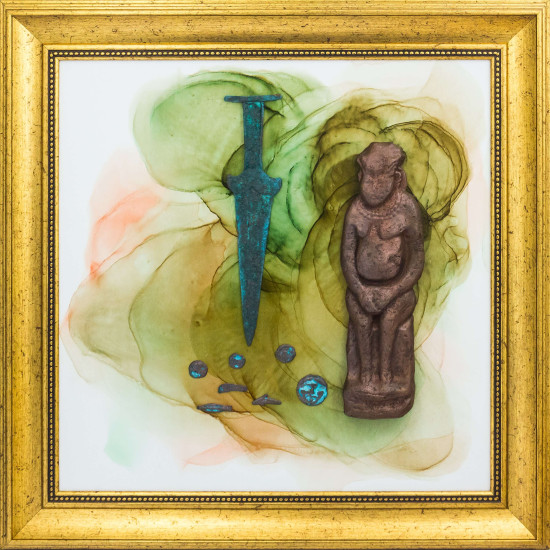 Авторське панно "Легендарне царство Скіфія" з мідною скіфською бабою та репліками акінака та скіфських монет