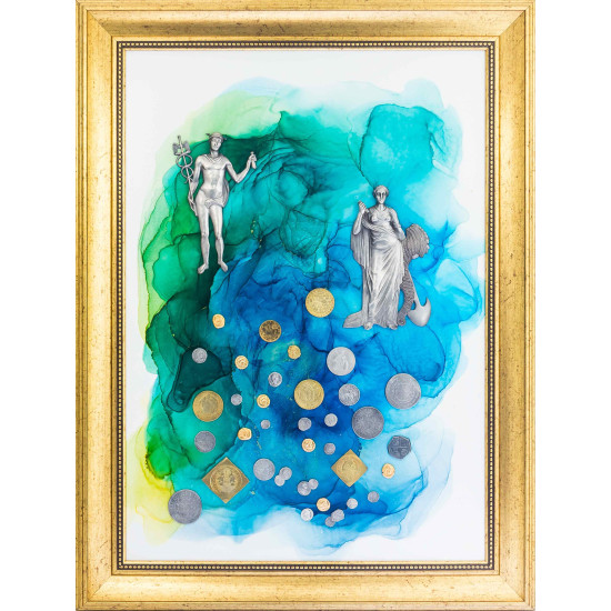 Авторське панно. Картина-талісман "На багатство та достаток" з копіями рідкісних монет (сріблення, позолота). (Номінант Luxembourg Art Prize 2024)
