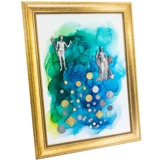 Авторське панно. Картина-талісман "На багатство та достаток" з копіями рідкісних монет (сріблення, позолота). (Номінант Luxembourg Art Prize 2024)