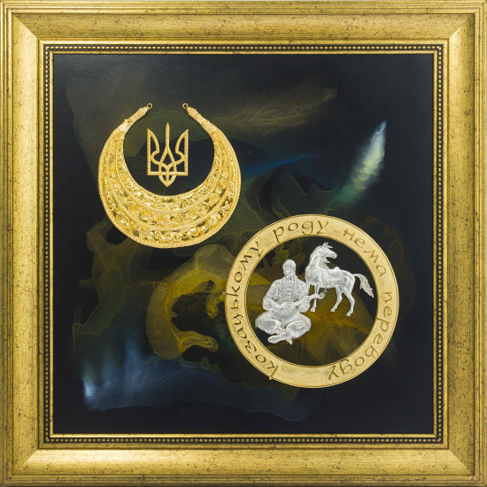 Авторське панно "Легенда "Україна" з копією Скіфської пекторалі. (Номінант Luxembourg Art Prize 2024), (позолота, сріблення, живопис)