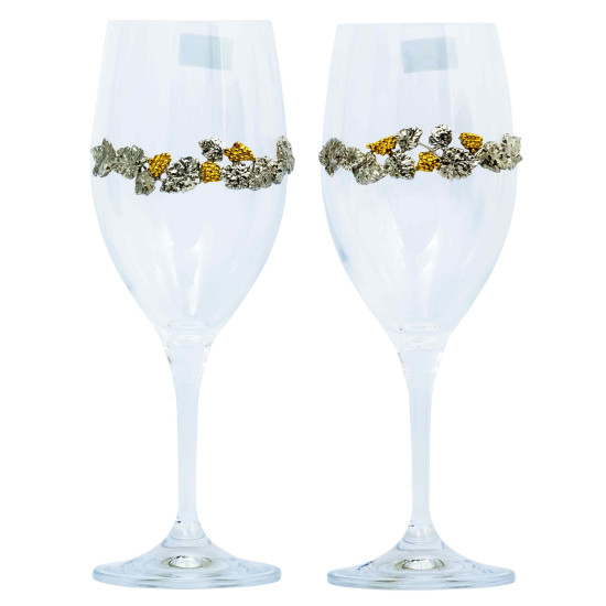 Подарунковий набір келихів для ігристого "Виноградна лоза" (металевий посріблений та позолочений декор)