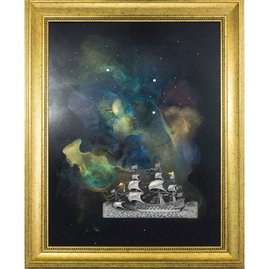 Картина-оберіг "Парусник "Надія" з металевим посрібленим кораблем ювелірної роботи та зірками з каміння Сваровські. (Номінант Luxembourg Art Prize 2024)