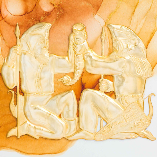 Авторське панно "Чоловіче побратимство" з позолоченими скіфами та копією рідкісної монети. (Номінант Luxembourg Art Prize 2024)